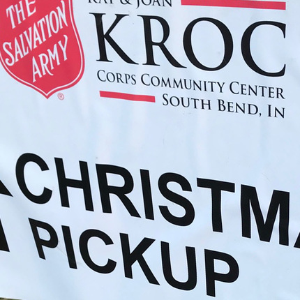 Christmas pickup sign outside of the South Bend Salvation Army Kroc Center.