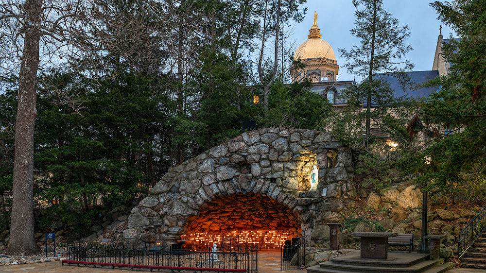 Grotto candles form the number "2020," a tribute to the graduating class who will experience commencement online May 17. An on-campus celebration for the Class of 2020 is scheduled for spring 2021. (Photo by Matt Cashore/University of Notre Dame)