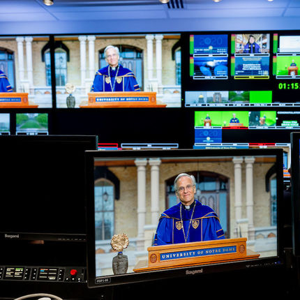 University of Notre Dame President Rev. John I. Jenkins, C.S.C., appears on Notre Dame Studios control room monitors as he speaks during the 2020 Degree Conferral Ceremony. (Photo by Matt Cashore/University of Notre Dame)