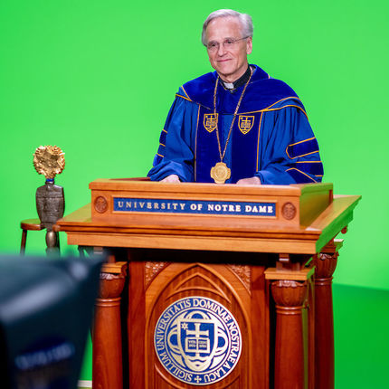 University of Notre Dame President Rev. John I. Jenkins, C.S.C., speaks during the 2020 Degree Conferral Ceremony. (Photo by Matt Cashore/University of Notre Dame)