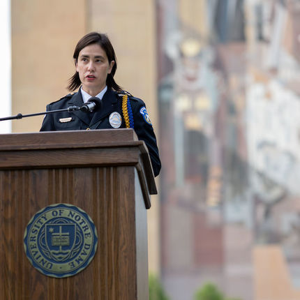 Notre Dame Police Department Chief Keri Kei Shibata reads a prayer during the prayer service portion of the “Prayer for Unity, Walk for Justice” on Monday, June 1.(Photo by Matt Cashore/University of Notre Dame)