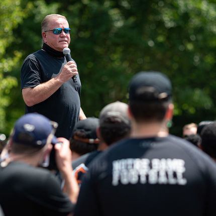 Notre Dame Football Head Coach Brian Kelly speaks at a rally and prayer service at the Irish Green. Members of the Notre Dame football team led participants on a walk through campus in recognition of Juneteenth. (Photo by Matt Cashore/University of Notre Dame)
