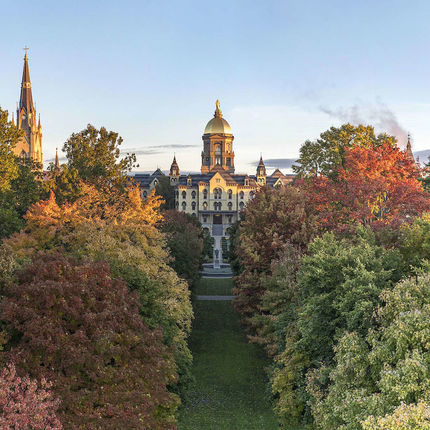 October 24, 2018; Main Building at sunrise during fall. (Photo by Barbara Johnston/University of Notre Dame)