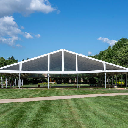 A large tent on South Quad for outdoor dining and events allows for physical distancing. (Photo by Barbara Johnston/University of Notre Dame)