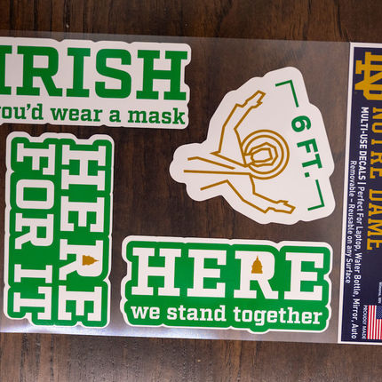 Stickers found in welcome back kits passed out to students at Duncan Student Center. (Photo by Barbara Johnston/University of Notre Dame)