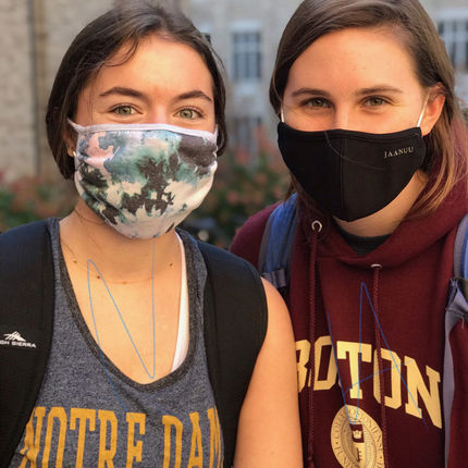 “This is my second surveillance testing. They give you the entire day to come, so you pretty much just come when you can,” said Nola Quinn ’23, left. Roommate Alaina Perila ’23 said, “It’s nice that you get in and out quickly. They're all very nice and they make it a good experience.”