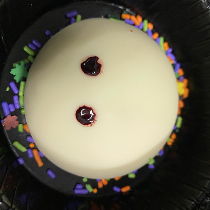 Executive pastry chef Sinai Vespie treated students to individual versions of her Food Network Halloween Championship desserts Halloween weekend. This is the White Chocolate Cherry Cheesecake Ghost.