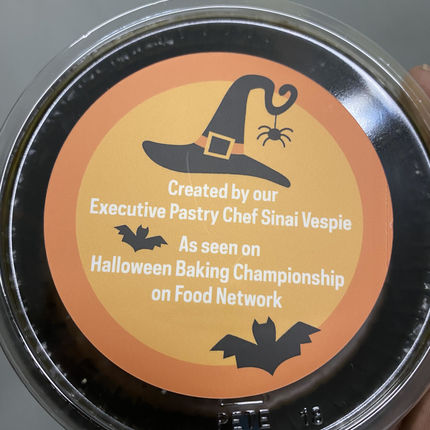 Executive pastry chef Sinai Vespie treated students to individual versions of her Food Network Halloween Championship desserts Halloween weekend. Each dessert was topped with this cover and sticker mentioning Sinai Vespie's win.