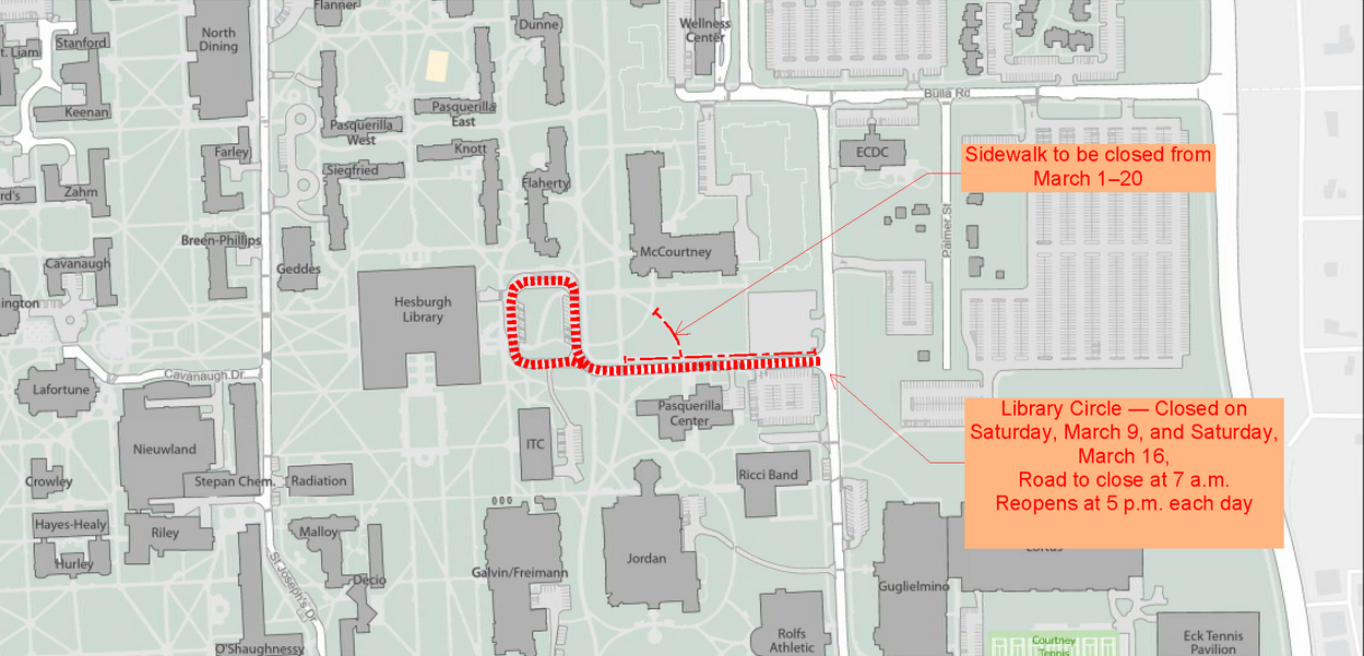 Upcoming road and sidewalk closures near Hesburgh Library-A