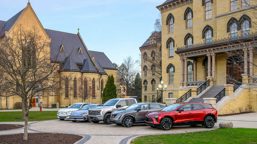 The campus electric vehicle fleet, March 2024. (Photo by Matt Cashore/University of Notre Dame)