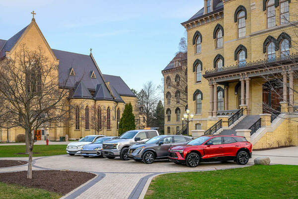 The campus electric vehicle fleet, March 2024. (Photo by Matt Cashore/University of Notre Dame)