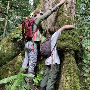 Kevin Buck (left) and Aisling Kruger (right) hugging a large tree