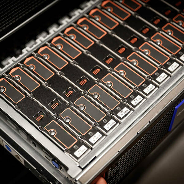 A rack of several 8 terabyte high speed hard drives used to make up the 1.1 petabyte storage area network (SAN). (Photo by Matt Cashore/University of Notre Dame)