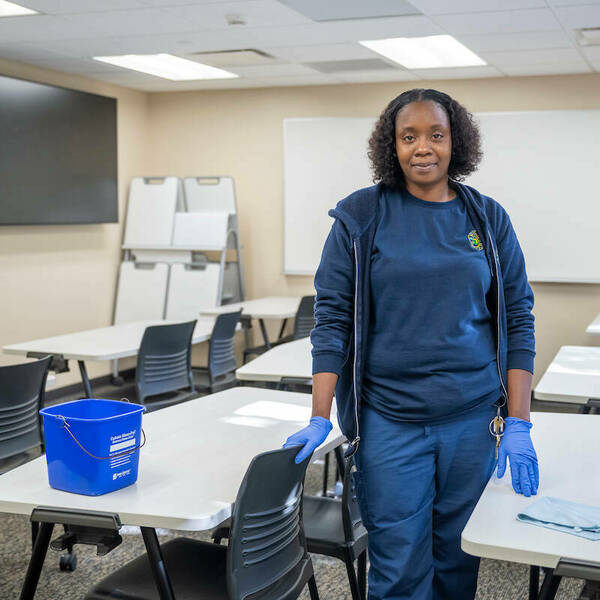 Photo of Karen Fulford inside a classroom in  Crowley Hall.