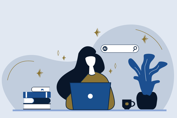 An illustration depicting the outline of a woman with long dark hair sitting in front of a laptop, surrounded by books and a coffee mug. A search bar shown over her shoulder has the term AI entered into it.