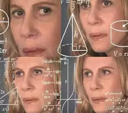 A meme of a confused woman with mathematical symbols superimposed around her face